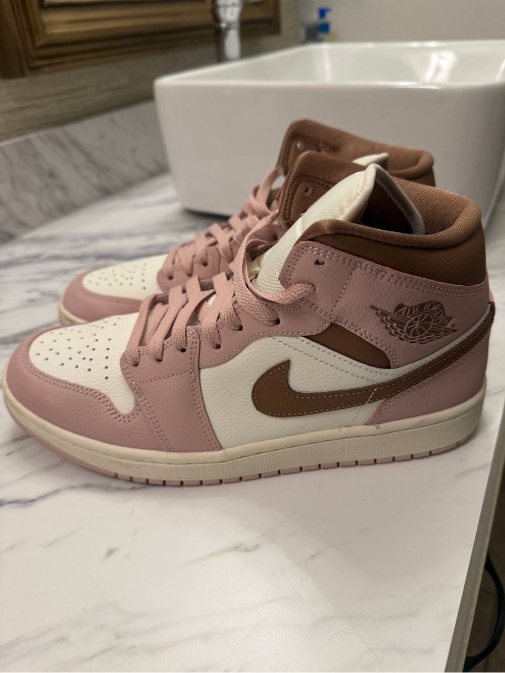 Nike Air Jordan 1 Mid Women’s Pink, Brown & White Leather Sneakers